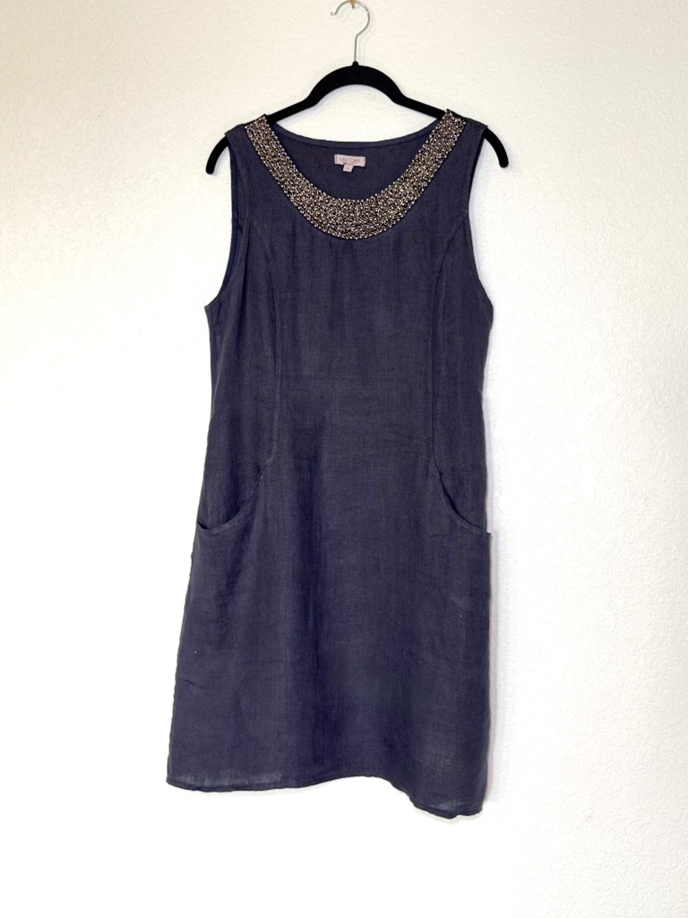 Lina Tomei 100% Linen Dress M Tunic Blue Beaded Neckline Beach Made In Italy